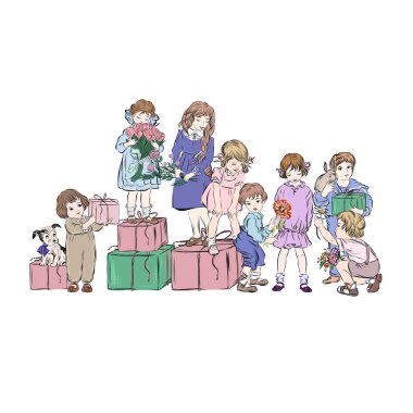  Çocuklar doğum gününü kutlar. Erkekler hediye, tavşan ve çiçek verir. Şimdiki kutunun üstünde duran bir buket laleli kız. Mutlu arkadaşlar ya da sınıf arkadaşları. Farklı yaşlardaki çocuklar ve köpekler..