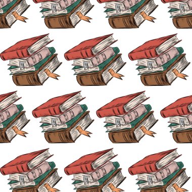  Bir yığın kitap. Çok renkli kitap kapakları. Düz tasarım tarzı. Eğitim öğrenme konsepti. Akademik edebiyat. Kusursuz desen 