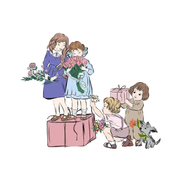 男孩给女孩送花和礼物 — 图库矢量图片