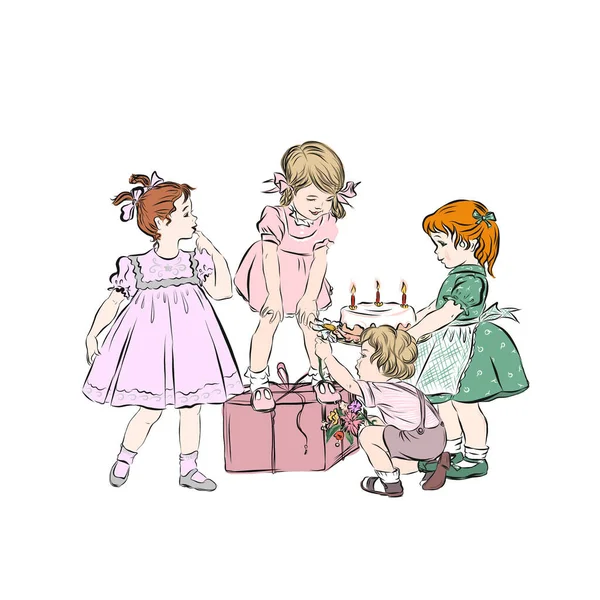 Kindergeburtstag Glücklicher Kindheitsmoment Mit Mädchen Und Jungen Mit Kuchen Und — Stockvektor