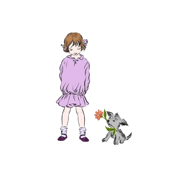 女孩看着小狗抱着花 — 图库矢量图片