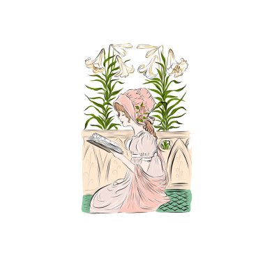  Kız bahçede zambaklarla kitap okuyor. Genç doğa bilimci öğrenci flora bir ansiklopedi kullanır. 19. yüzyıldan kalma pembe başlık ve balo elbisesi giymiş klasik bir kadın.. 