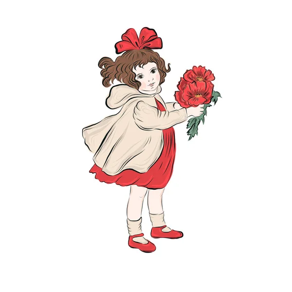 Дівчинка Тримає Букет Червоних Маків Дитина Вдягнена Червоне Плаття Пальто — стоковий вектор