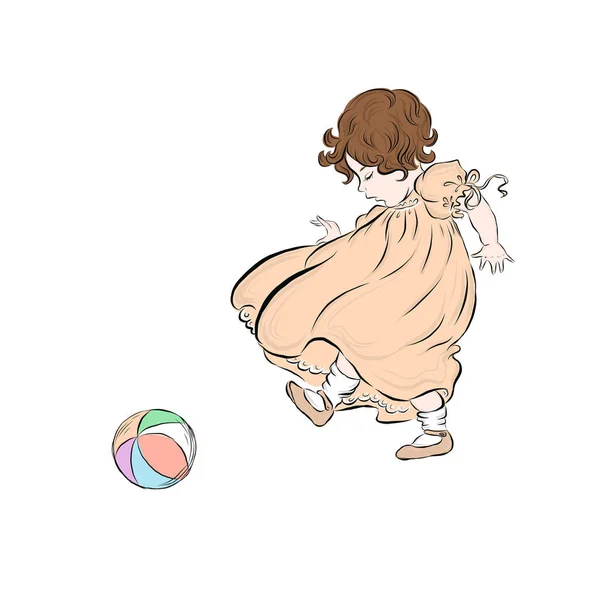 Девочка Играет Мячом Ребенок Оранжевом Платье — стоковый вектор