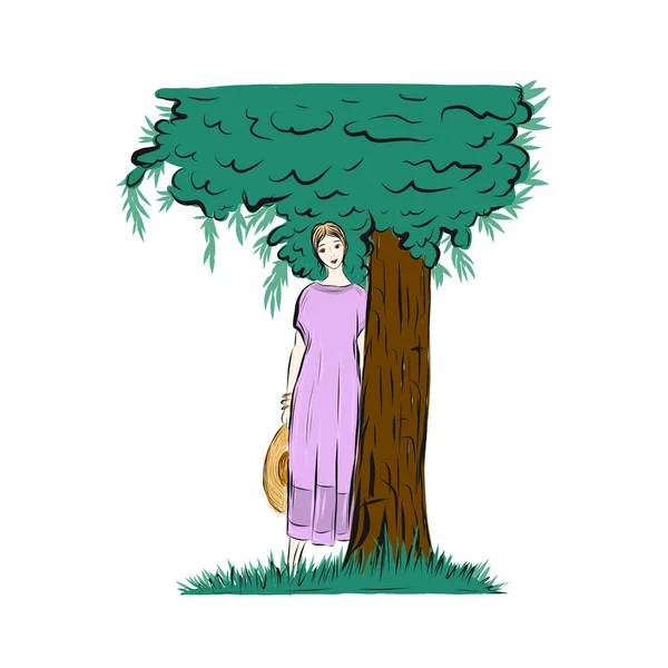 Die Modische Vintage Frau Steht Unter Einem Baum Und Schützt — Stockvektor