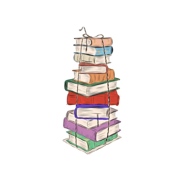 Montón Libros Multicolores Atados Con Una Cuerda Literatura Plana Dibujada — Vector de stock
