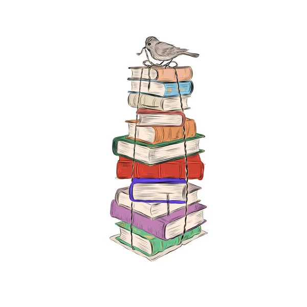 Gran Pila Libros Con Pájaro Sentado Encima — Vector de stock