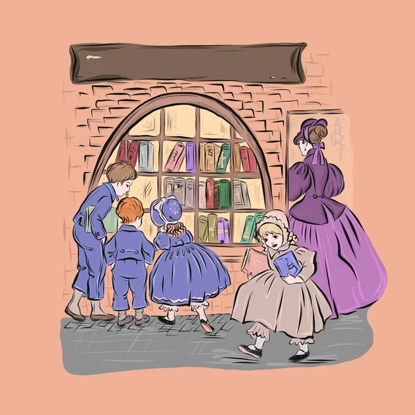 Lidi Stojí Obchodě Knihami Skupina Dětí Různého Věku Žen Knihkupectví Stock Ilustrace
