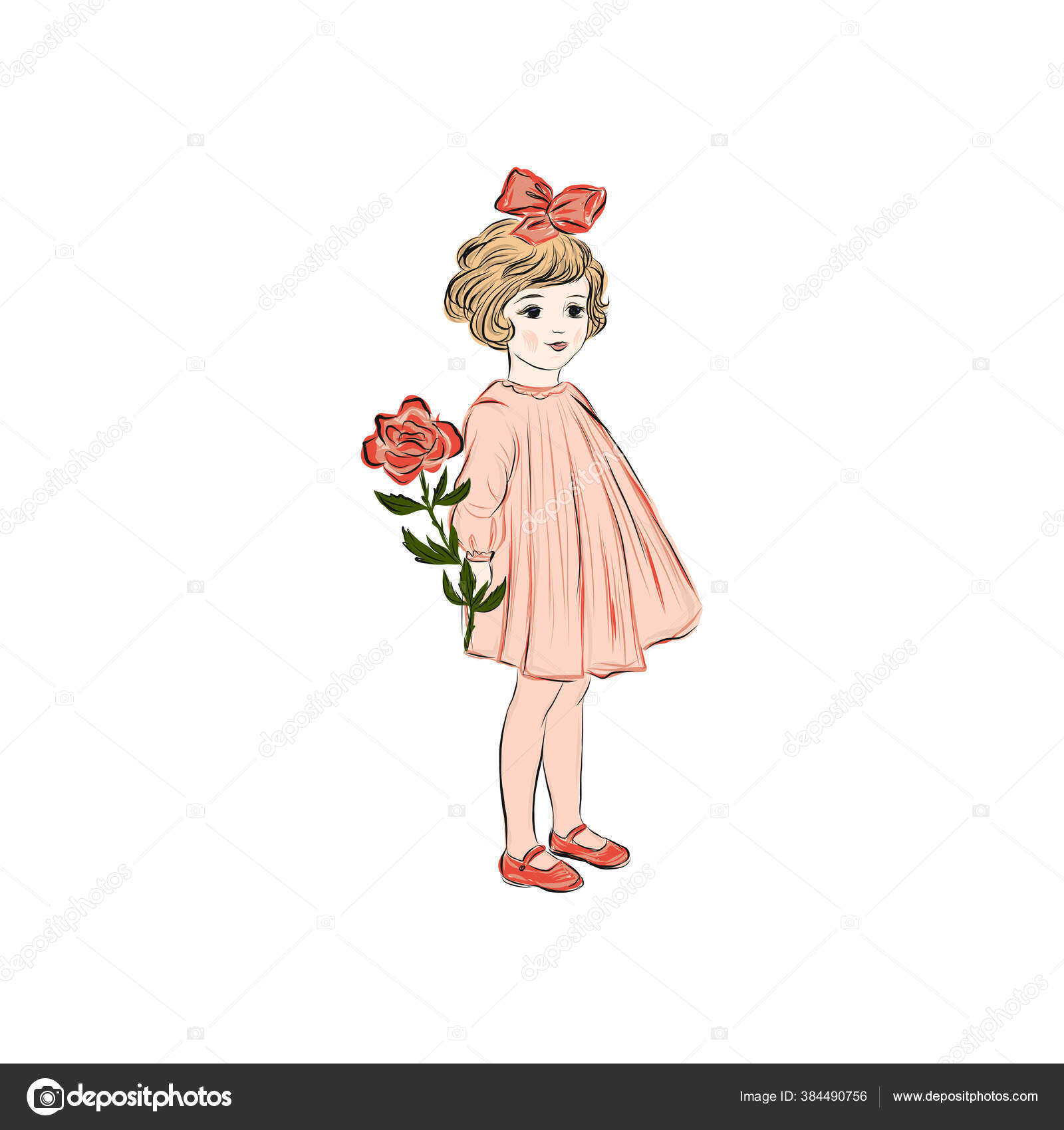Girl Holding Flower Baby Dressed Pink Dress Bow Design Greeting Stock  Vector Image by ©Irina_angelic #384490756