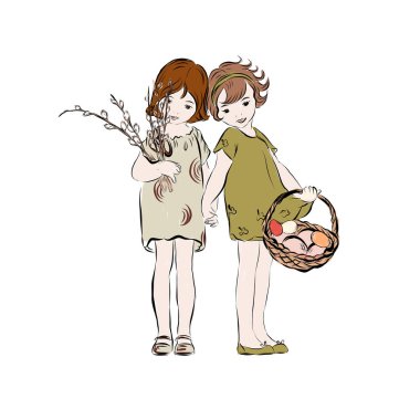 İki kız arkadaş Mutlu Paskalyalar 'ı kutluyor. Paskalya yumurtaları ve söğüt dallarıyla dolu sepeti olan kızlar. Mutlu çocuklar. Elbiseli küçük el çizimi bebek.  