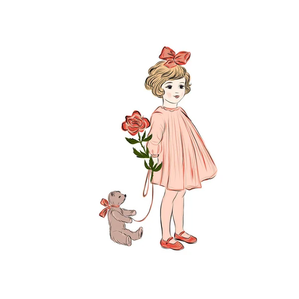 老式风格的小女孩拿着玩具熊和玫瑰 — 图库矢量图片