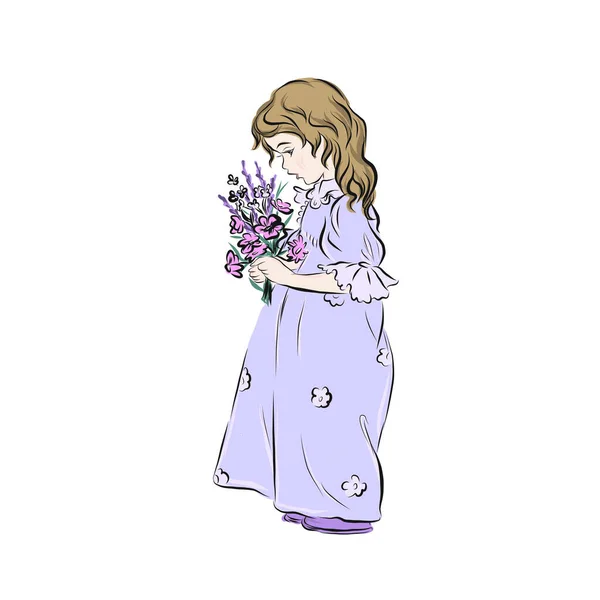 Leylak Rengi Uzun Elbiseli Kız Bir Buket Kır Çiçeği Tutuyor — Stok Vektör