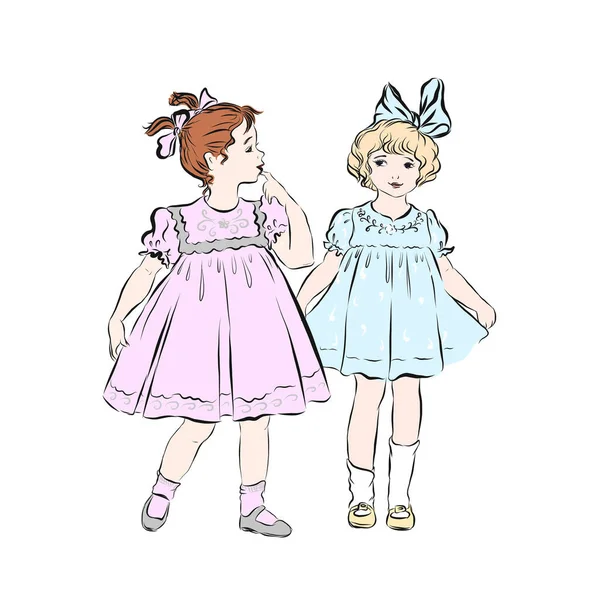 ピンクと青のドレスに身を包んだレトロなスタイルの小さな幸せなガールフレンドは 彼らの髪に弓を一緒に立っている レトロなスタイルの子供 — ストックベクタ