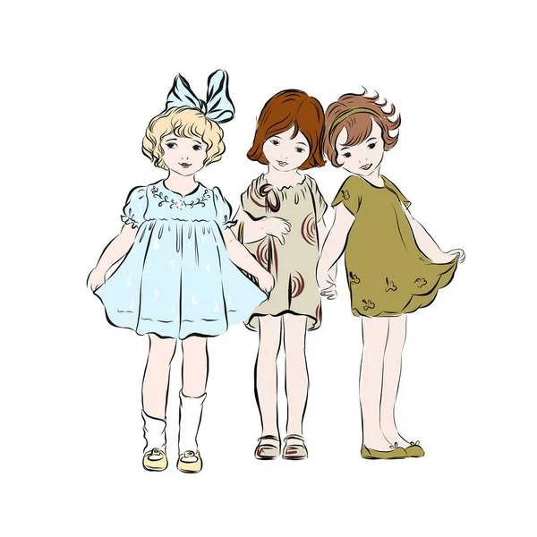Kleine Freundinnen Sommerkleid Stehen Zusammen — Stockvektor