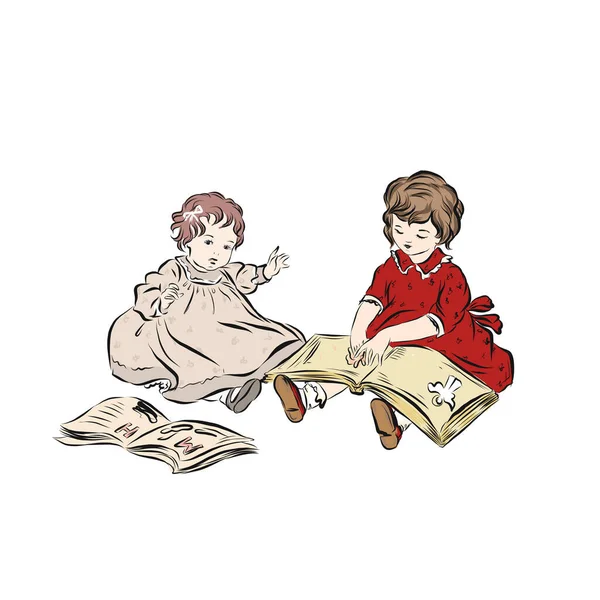 女孩正在给她的小妹妹读书 穿着粉色和红色衣服的孩子们穿着复古风格的衣服 新生儿 — 图库矢量图片