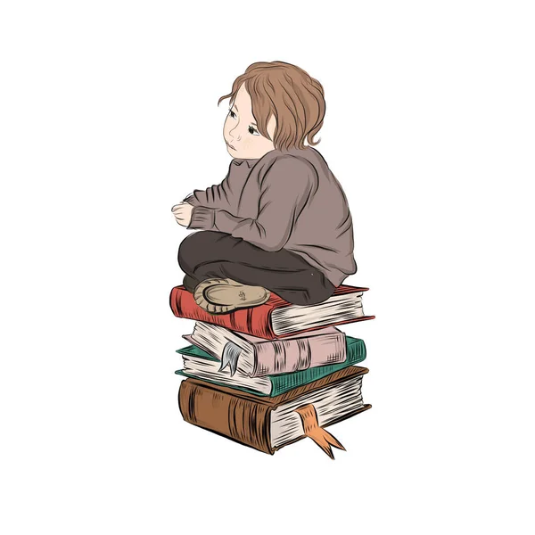 Ένα Μικρό Σκεπτικό Αγόρι Που Κάθεται Πάνω Ένα Σωρό Βιβλία — Διανυσματικό Αρχείο