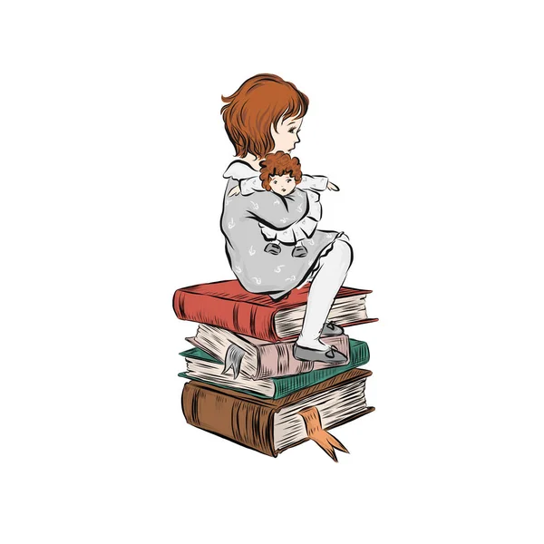 Mała Dziewczynka Trzyma Lalkę Siedzącą Stosie Książek Młody Intelektualista Dziecko — Wektor stockowy