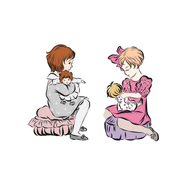 Two Little Girls Play Dolls Sitting Ottomans Children Games — Stock Vector