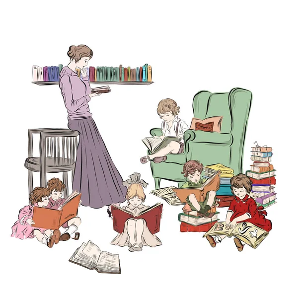 Den Matek Žena Svými Dětmi Čte Knihy Místnosti Křeslem Poličkou Royalty Free Stock Ilustrace