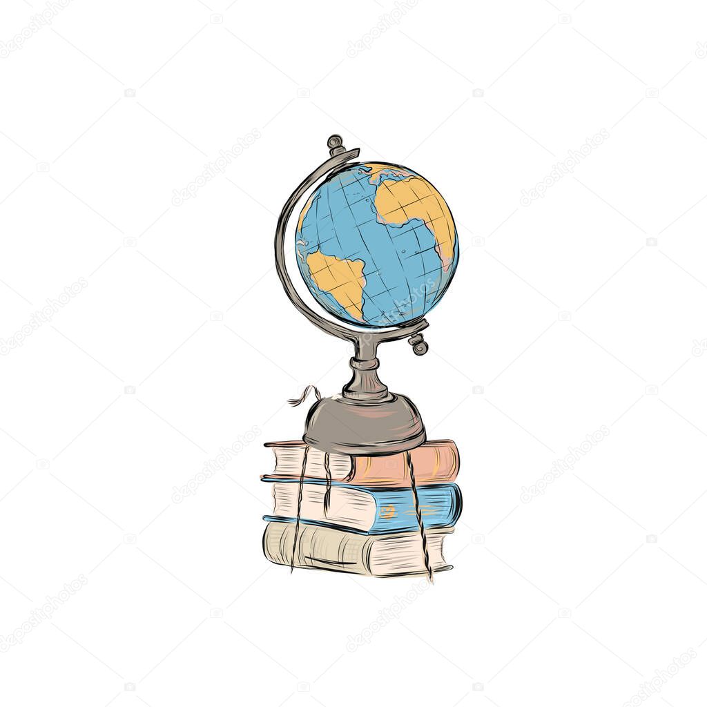 Globe on stack of books. Planet Earth. Model of the planet of the solar system rotating on a stand. Subject for school lessons. 