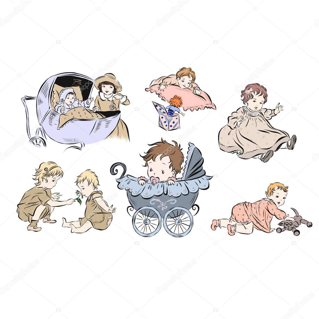  Set with newborns in vintage style. Baby in a stroller. Twins play. Hand drawn kids from the nineteenth century. 