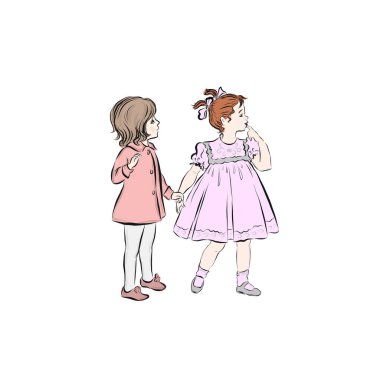  Beyaz arka planda güzel küçük kızlar. Olumlu arkadaşlar bir arada durur. Mutlu çocuklar. Gençlik yaşam tarzı. Sağlıklı bebek. Eğlenceli çocukluk anı. 