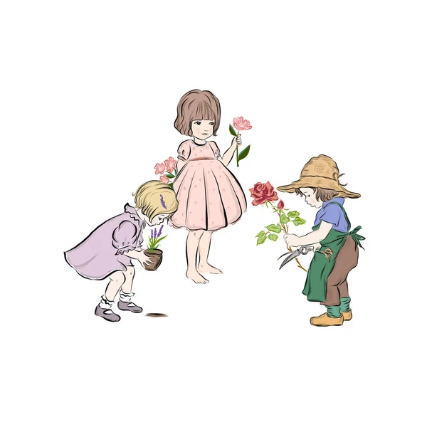 Chłopiec Dziewczyna Roślin Róży Kwiatów Lawendy Młodzi Ogrodnicy — Wektor stockowy
