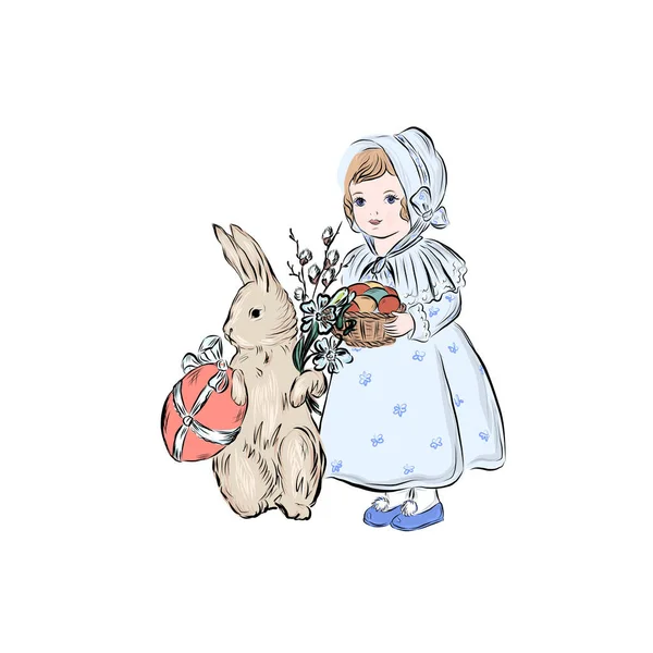 Dívka Králíčkem Drží Košík Velikonočních Vajec Katolické Nebo Ortodoxní Velikonoce Royalty Free Stock Ilustrace