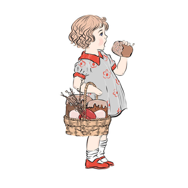  Vintage girl eat cake and holding basket of Easter colored eggs. Spring religious holiday composition for retro style greeting card. Hand drawn clip art. Happy childhood. 