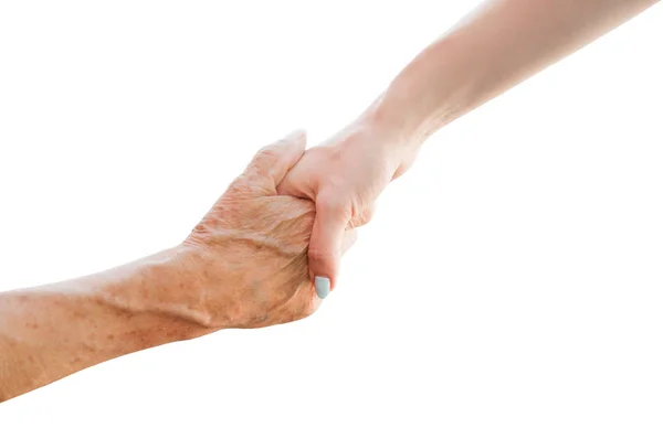 Handdruk Van Een Oude Man Met Een Meisje Een Geïsoleerde — Stockfoto