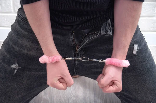 Sexy Guy Kneeling Handcuffs White Loft — Stock Photo, Image