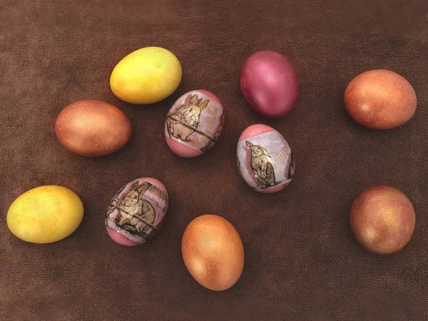 Красивые Окрашенные Пасхальные Яйца Коричневом Фоне Открытка Пасхой Пасхальные Яйца — стоковое фото