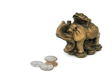 Para ve üzerinde kurbağa beyaz bir arka plan üzerinde oturur sikke ile altın bir fil. Feng Shui. Eve para ve büyük servet çekme.