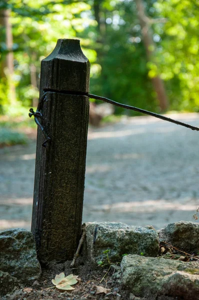 The road in the park. Green background. Metal post close-up on the background of the road and green park.