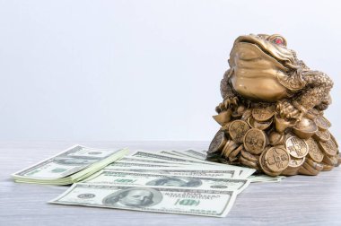 Bozuk paralı altın kara kurbağası paranın üzerine oturur. Kurbağa ve dolar. Feng Shui.