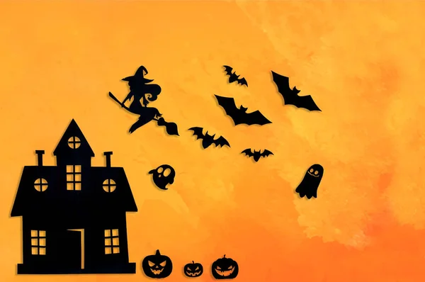 House Cut Out Black Paper Witch Flying Broomstick Bats Ghosts — Stock Photo, Image