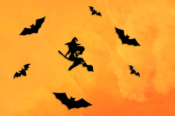 Corte Morcegos Papel Preto Uma Bruxa Fundo Laranja Cartão Saudação — Fotografia de Stock