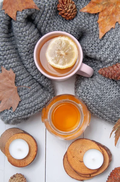 Cup Tea Lemon Honey Gray Woolen Scarf Cones Dry Leaves — Stock Photo, Image