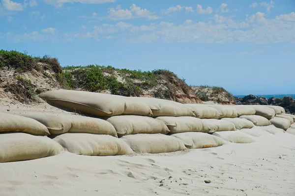 Große Klette Oder Hessische Sandsäcke Stoppen Bodenerosion Einem Strand Bei Stockbild