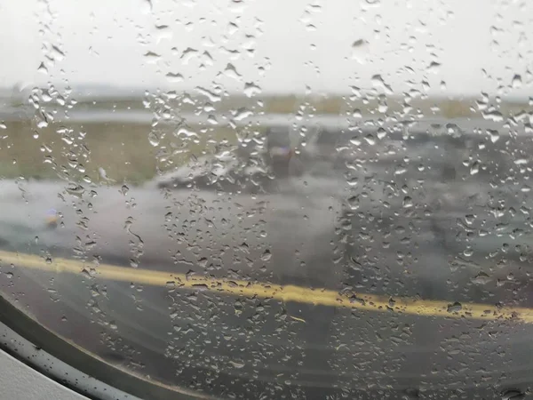 Vue Piste Depuis Une Fenêtre Avion Avec Gouttes Pluie Conception — Photo