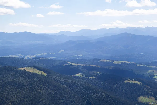Koyu yeşil çimenleri ve ağaçları olan yaz dağları. Beyaz bulutlu mavi gökyüzü, yüksek dağlı zemin.
