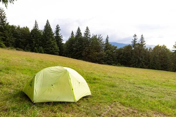 Green tent on hillside in mountains during early autumn. Copy space