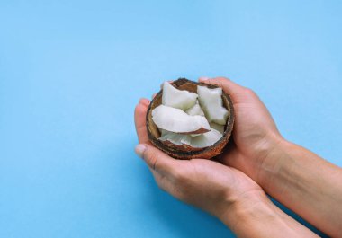 Mavi arka planda taze hindistan cevizi ve hindistan cevizi eti..