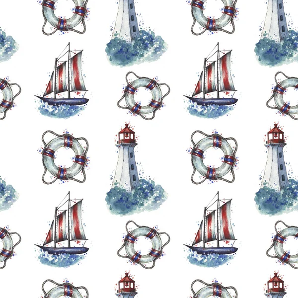 Watercolor Sea Lighthouse Pattern — Stock Photo, Image