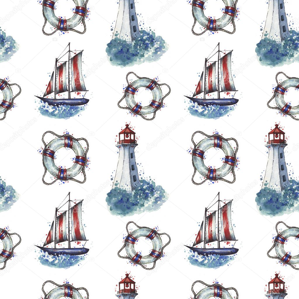 Watercolor sea lighthouse pattern 