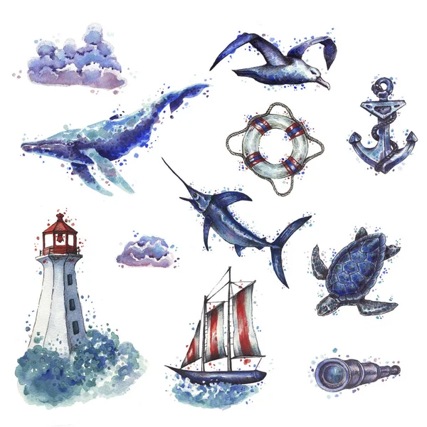 Acuarela Azul Mar Conjunto —  Fotos de Stock