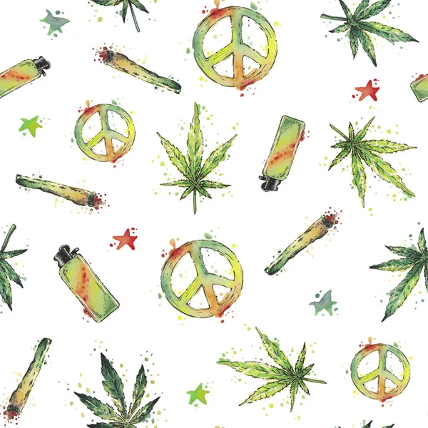 Watercolor Green Cannabis Pattern — Stock Photo, Image