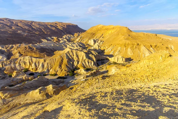 Landscape of the valley of Zohar, with Zohar fortress, and the Dead Sea, in the Judaean Desert, Southern Israel