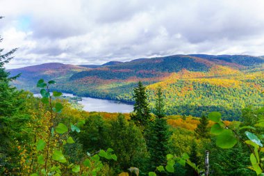 Kanada, Quebec 'teki Mont Tremblant Ulusal Parkı' nda sonbahar yeşillik renkleriyle La Pimbina Vadisi manzarası