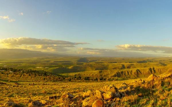 Landscape at sunset of the Jordan valley and the slopes of the Golan Heights, Northern Israel